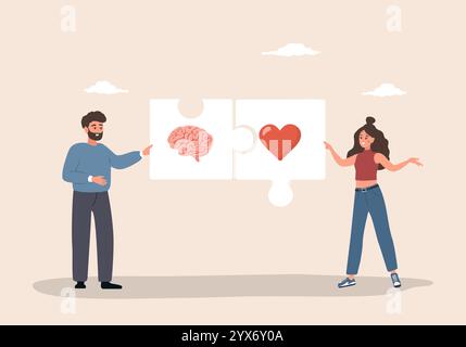 Gehirn-Herz-Balance. Emotionale Intelligenz. Mann und Frau haben Rätsel mit menschlichem Herz und Gehirn verbunden. Verbindung zwischen Geist und Stock Vektor