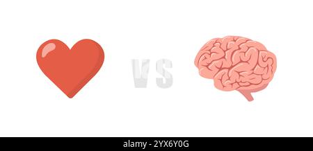 Gehirn vs. Herz. Logik- und Feel-Choice-Konzept. Emotion und Intellekt-Gleichgewicht. Flache Symbole isoliert auf weißem Hintergrund. Vektorillustration in Cartoon Stock Vektor
