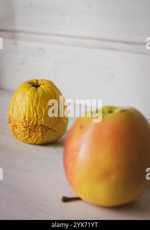 Frischer und verfaulter Apfel auf weißem Hintergrund. Frischer roter Apfel und faltiger Apfel. Jung und Alt Konzept. Konzept des Alterungsprozesses. Hautpflegekonzept. Stockfoto