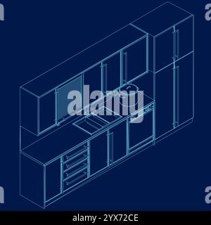 Moderne Kücheneinrichtung mit Möbeln im linearen Stil. Speisesaal mit architektonischen Skizzen mit Utensilien und Haushaltsgeräten. Blau Co Stock Vektor