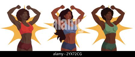 Vektor Clip Arts Set von schwarzen Frauen Bodybuilder im Retro-Poster-Stil. Starke muskulöse Afrikanerin und Mexikanerin. Kollektion mit sportlichen Damen Stock Vektor