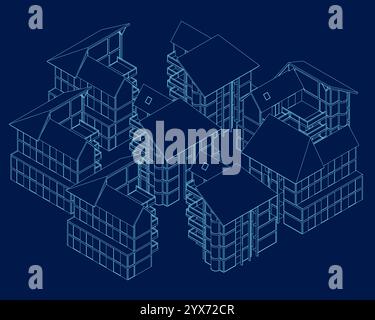 Sammlung isometrischer Umrisse einer Vielzahl von privaten und gewerblichen Gebäuden wie Einfamilienhaus, Bürogebäude, Fabrik, Mietshaus. Architektur Stock Vektor