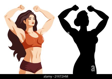 Vektor-Set von Frauen Bodybuilder im Retro-Stil und schwarzer Silhouette Kollektion von starken muskulösen Frauen. Weibliche Leistung. Clips mit sportlichen Frauen Stock Vektor