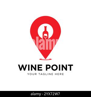 Vektor-Design-Vorlage mit Wine Point-Logo. Bestehend aus Glas- und Weinflaschensymbolen mit Zeigersymbolen. Weinlage. Weinhandlung. Stock Vektor