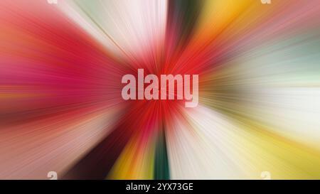 Ein abstrakter, farbenfroher Hintergrund, der mit einem radialen Unschärfeeffekt erzeugt wird, wodurch Farben von einem zentralen Punkt nach außen strahlen. Stockfoto