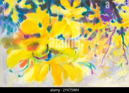 Abstraktes Aquarell Original Gemälde gelbe Farbe der goldenen Dusche Baum Blumen und grüne Blätter von blauem Hintergrund Stockfoto