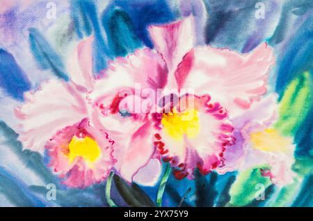 Aquarellmalerei lila rosa Farbe von Orchidee, Cattleya Blume und grünem Blatt auf blauem Hintergrund. Gemalte impressionistische, halb abstrakte Illustration. Stockfoto