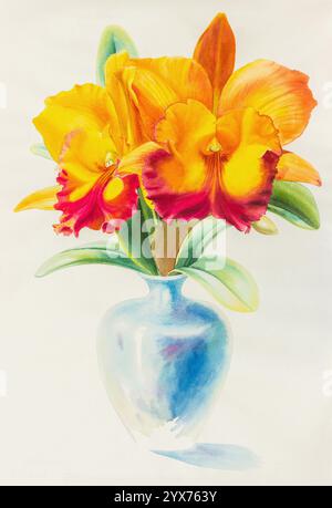 Aquarell Originalgemälde gelbe rote Farbe von Orchideenblume und grünen Blättern in blauer Vase. Stockfoto