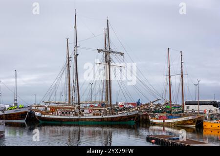 Husavik, Island, 22.05.22. Husavik Hafenlandschaft mit Fischerbooten, Wal beobachtenden Touristenschiffen, Yachten und Schonern, bewölkter Tag. Stockfoto
