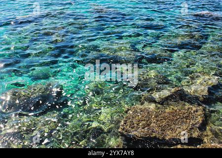Wunderschöner türkisfarbener Hintergrund. Mediterrane Meereslandschaft. Stockfoto