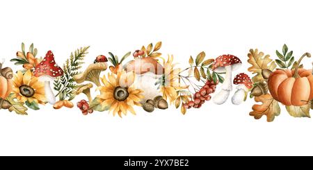 Herbst nahtlose Grenze mit Herbstblättern, Pilzen, Blumen, Insekten und Tieren. Aquarell handgezeichnet florale isolierte Illustration für Herbstdesign, Co Stockfoto