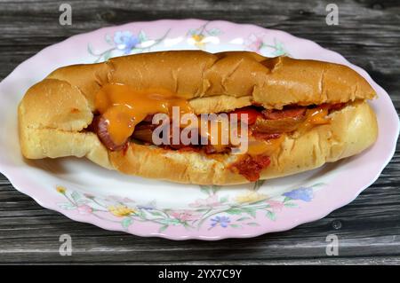 Teilweise geschnittenes langes Brötchen mit gegrillter Rinderwurst, genannt wiener (Wiener Wurst) und frankfurter Frank, mit Zwiebelscheiben und buntem b Stockfoto