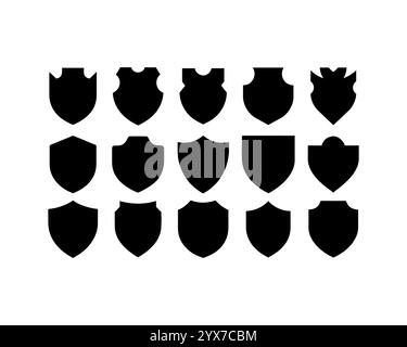 Schild-Symbol. Heraldisches Schildset. Schwarze Ritterprämienkonturen und lineare Schilder. Shapes Shape Silhouette, Badge Qualitätssymbol, Schild, Logo. Stock Vektor