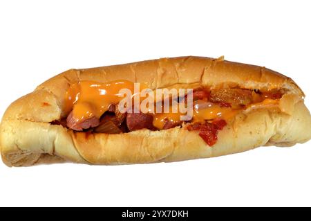 Teilweise geschnittenes langes Brötchen mit gegrillter Rinderwurst, genannt wiener (Wiener Wurst) und frankfurter Frank, mit Zwiebelscheiben und buntem b Stockfoto