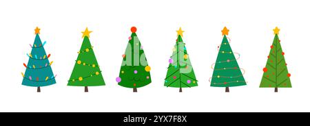 Weihnachtsbaum dekorierte Sterne, Lichter, Girlanden Flat Set. Jeder Baum hat ein einzigartiges festliches Design, für Projekte mit Weihnachtsmotiven, Grußkarten, Poster, Einladungen, Webgrafiken, Beiträge in sozialen Medien Stock Vektor