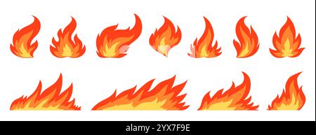 Feuerballflamme, rote Feuerzeichen. Fröhlicher feuriger Icon-Satz am Lagerfeuer. Furios brennbare Verbrennung flacher Clipart. Gefährliches Erdgas brennt. Brennender Lauffeuer-Effekt, Lagerfeuer isoliert auf weiß Stock Vektor