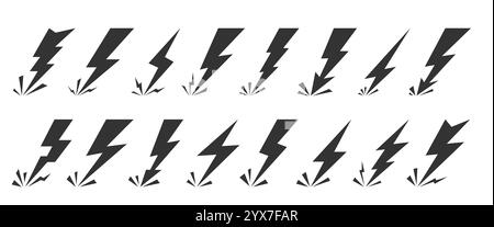 Blitzlicht-Symbolsatz. Thundershock Zickzackpfeil Gefahrenenergie Stromzeichen. Symbol für die Elektrizität des Donners. Thunderbolt leistungsstarke elektrische Entladung, die von Seite zu Seite mit Funkeln trifft Stock Vektor