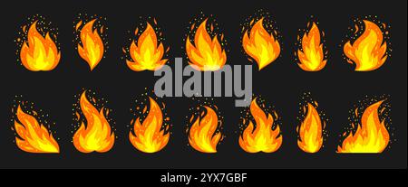 Comic Fire Set. Funkelnde, entzündende Flamme. Heiße Temperaturen, die gefährliche Brände auslösen. Flammenzündung, brennbare Flammenwärme Explosionsgefahr Flammenenergie flache Clipart-Symbole auf schwarzem Hintergrund Stock Vektor