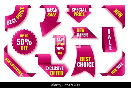 Mega Sale Deal Red Labels. Beste Wahl, neuer Sonderpreis. Exklusives Werbebanner für den Bandmarkt. Abzeichen für Discount-Shop. Bis zu 50 % Rabatt auf Notizaufkleber. Designelement für Eckmarkierung Stock Vektor
