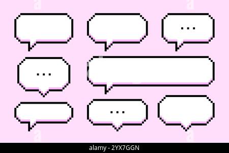Satz von Pixelgrafik-Sprechblasen. Verschiedene Meldungen und Dialogfelder auf rosafarbenem Hintergrund. Vektorabbildung Stock Vektor