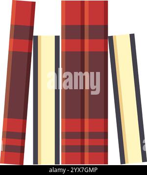Vier Hardcover-Bücher stehen aufrecht und zeigen farbenfrohe und gemusterte Cover, die ein optisch ansprechendes Arrangement schaffen, das Literatur und feiert Stock Vektor