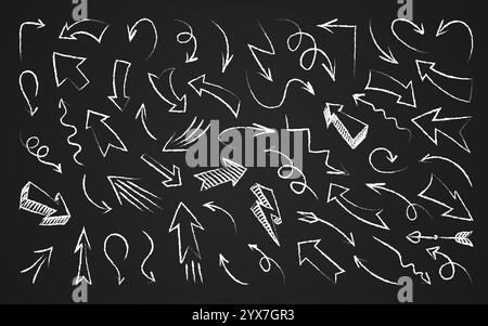 Pfeil handgezeichnete weiße Kreidekritzelung auf Tafel. Cursorsymbol für spiralförmige, gekrümmte Richtung. Scribble Grunge Pfeile oben unten links rechts. Swirl Sketch Mark für Infografik für den Bildungsbereich Stock Vektor