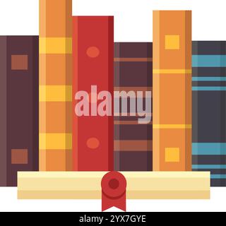 Bunte Bücher, die aufrecht auf einem Regal stehen, mit einem zusammengerollten Diplom mit rotem Band und Siegel, symbolisieren den akademischen Erfolg und den Abschluss o Stock Vektor