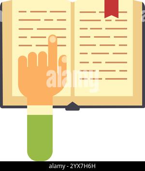 Die Hand mit dem Zeigefinger zeigt auf ein offenes Buch mit einem roten Lesezeichen, das die Konzepte Lesen, Lernen, Lernen und Bildung veranschaulicht Stock Vektor