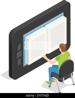 Ein junger Schüler sitzt bequem auf einem Stuhl und liest ein großes eBook auf einem riesigen Tablet, das das Konzept der Online-Ausbildung veranschaulicht Stock Vektor