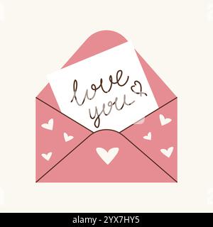 Eine Postkarte in einem Umschlag mit einer Liebeserklärung, Handschrift, Glückwunsch zum Valentinstag, Hochzeit, Designelement. Stock Vektor