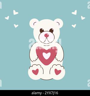 Eine flache Illustration eines einfachen süßen Teddybären mit Herzen. Festliche Zeichnung für Postkarten, Aufkleber, Grüße. Stock Vektor