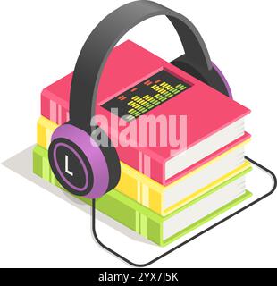 Kopfhörer spielen ein Hörbuch aus einem Stapel farbenfroher Bücher ab, und ein digitales Equalizer-Display zeigt die Audiopegel auf dem obersten Buch an Stock Vektor