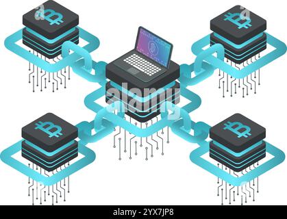 Kryptowährungs-Server mit Bitcoin-Symbol, die über Blockchain-Links mit Laptop verbunden sind und Bitcoin-Symbol auf dem Bildschirm zeigen, Konzept von Mining und Trading Cry Stock Vektor