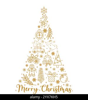 Weihnachtsbaum aus weihnachtlichen Ikonen, Konturabbildungen in Goldfarbe. Frohe Weihnachten Grußkarte Vorlage, Druck auf Kleidung Stock Vektor