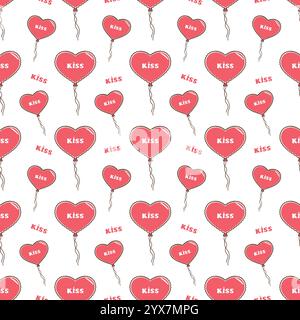Ein einfaches romantisches, nahtloses Muster von Ballons in Form von Herzen und einer Kuss-Inschrift, zum Verpacken für Valentinstag, Hochzeiten. Hintergrund mit Herzen. Stock Vektor