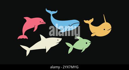 Helle, minimalistische Meerestier-Symbole auf schwarzem Hintergrund Stock Vektor