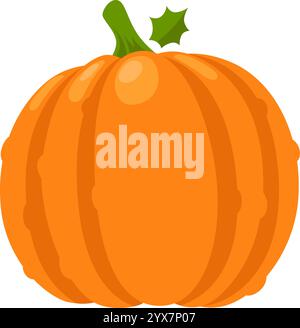 Großer reifer orangener Kürbis mit grünem Stamm und grünen Blättern, isoliert auf weißem Hintergrund, für Herbsternte, halloween, Thanksgiving und Stock Vektor