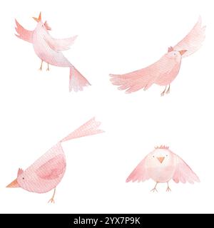 Rosa Vögel fliegen, singen, schauen, Zeichentrickfiguren, handgemalte Aquarelle isoliert auf weiß. Hochwertige Clip-Art, ideal für Kinder Stockfoto