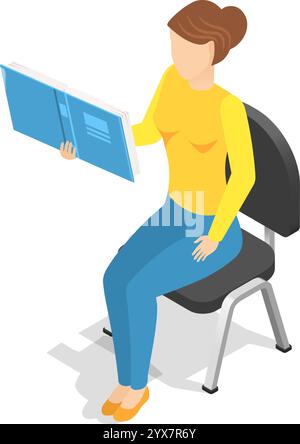 Isometrische Vektorillustration, die eine junge Schülerin oder Lehrerin darstellt, die ein Buch liest, das auf einem Stuhl sitzt, perfekt für Bildung oder Lernen Stock Vektor