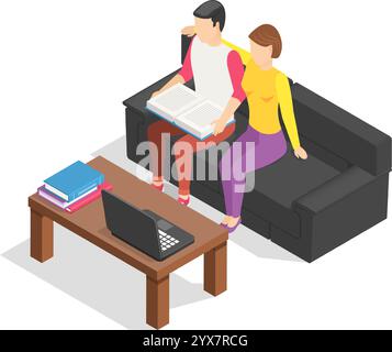 Ein junges Paar liest gern gemeinsam ein Buch, sitzt auf einem bequemen Sofa im Wohnzimmer, mit einem Laptop und anderen Büchern in der Nähe bei einem Kaffee Stock Vektor