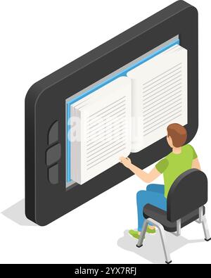 Ein junger Schüler sitzt bequem auf einem Stuhl und liest ein großes eBook auf einem riesigen Tablet, das das Konzept des Online-Programms veranschaulicht Stock Vektor