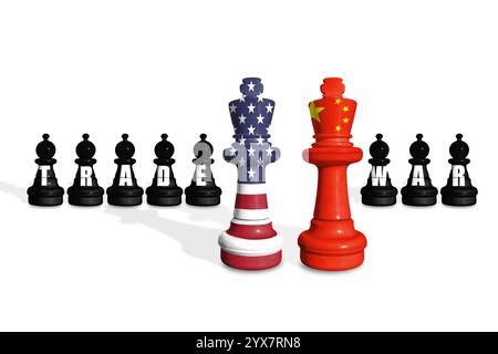 Schach aus US- und China-Flaggen auf weißem Hintergrund mit WORTHANDEL Stockfoto