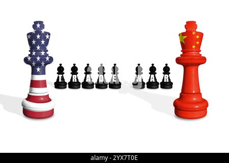 Schach aus US- und China-Flaggen auf weißem Hintergrund mit WORTHANDEL Stockfoto
