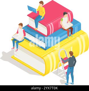 Die Schüler sitzen auf einem riesigen Stapel farbenfroher Bücher und lesen, während ein anderer Schüler eine Leiter hinaufklettert, um die Spitze zu erreichen, in diesem isometrischen Bild Stock Vektor
