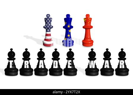 Schach aus US-, EU- und China-Flaggen auf weißem Hintergrund mit WORTHANDEL Stockfoto