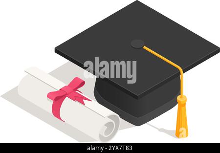 Abschlussmütze mit goldener Quaste nahe gerolltem Diplom, gebunden mit rosa Schleife, feiert erfolgreichen Abschluss des Studiums und akademische Leistungen Stock Vektor