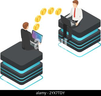 Zwei Geschäftsleute verwenden Laptops, die auf Datenservern sitzen und Kryptowährung mit goldenen Münzen austauschen, die zwischen ihnen übertragen werden und online repräsentieren Stock Vektor