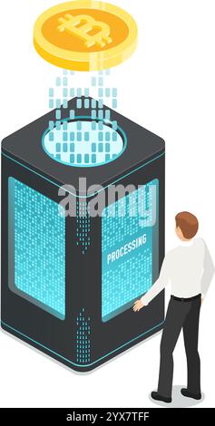 Programmierer, der Kryptowährungen-Mining auf einem leistungsstarken Server-Tower mit Daten zur Verarbeitung digitaler Münzen und isometrischer Vektordarstellung der Blockchain verwaltet Stock Vektor