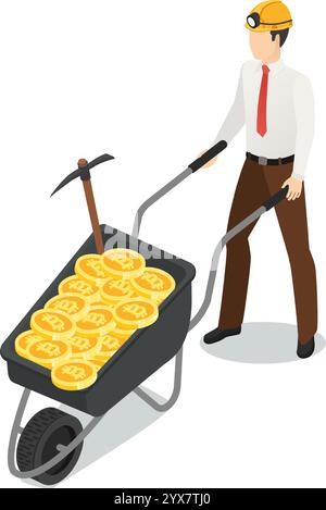 Geschäftsmann mit Bergbauhelm und Schubkarre voller goldener Bitcoin-Münzen, Kryptowährungs-Mining-Konzept, isometrischer Vektor Stock Vektor