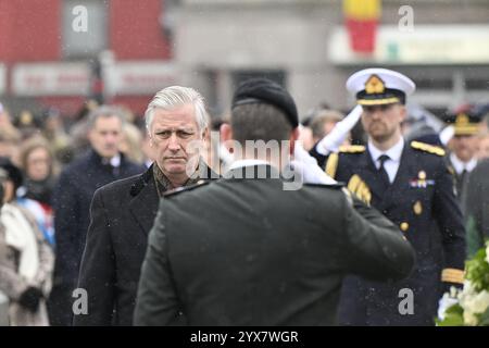 Bastogne, Belgien. Dezember 2024. König Philippe – Filip von Belgien, dargestellt während der Gedenkfeier zum 80. Jahrestag der Ardennenschlacht, einer entscheidenden Episode des Zweiten Weltkriegs, in Bastogne am Samstag, den 14. Dezember 2024. BELGA PHOTO ERIC LALMAND Credit: Belga News Agency/Alamy Live News Stockfoto